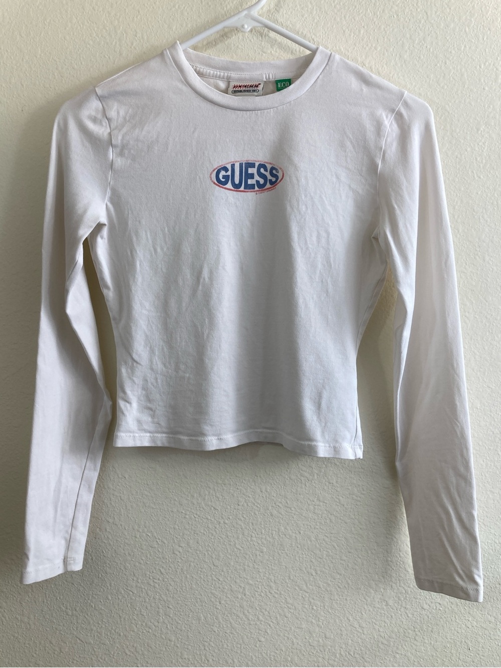GUESS White Logo Graphic Cropped Long Sleeve T-Shirt Women’s XS